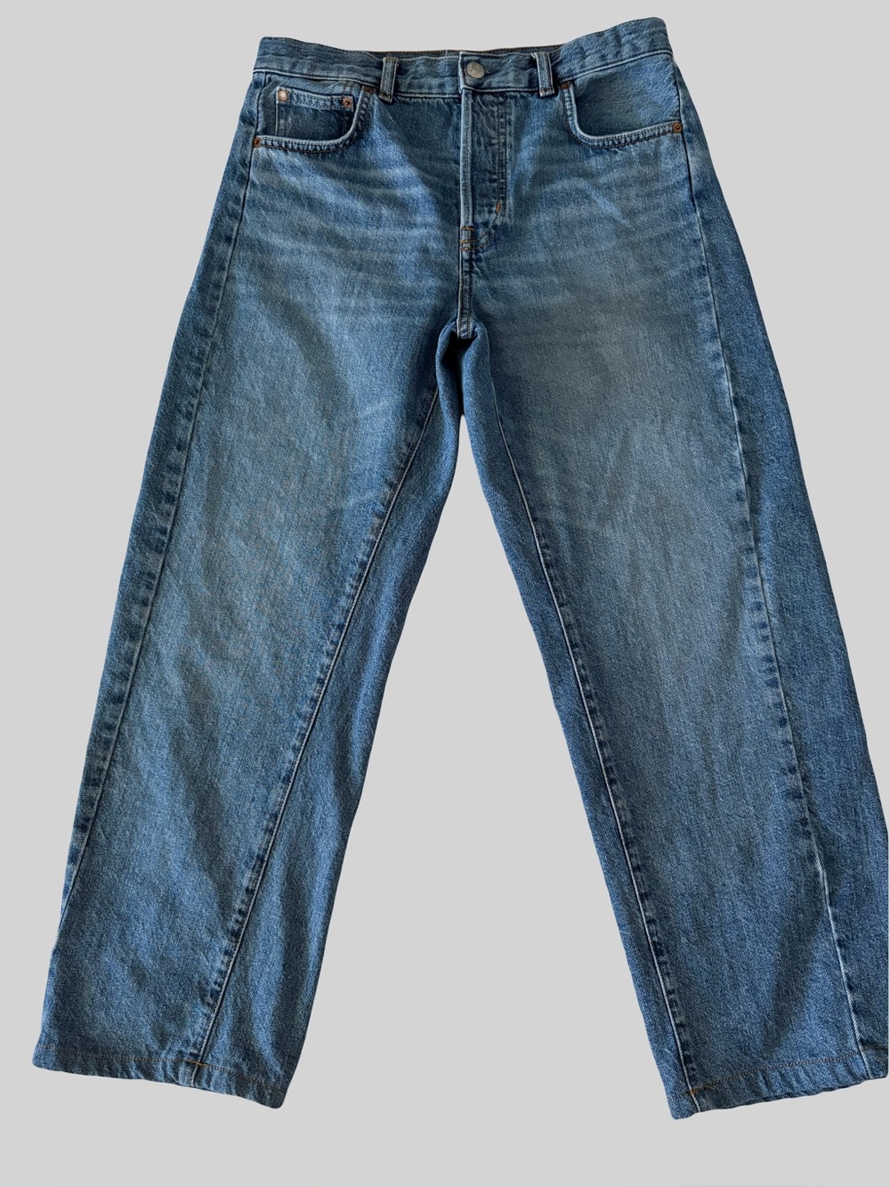 Madewell Pieced Barrel Leg Jeans Size 27P Petite Medium Wash Seamed Button Fly